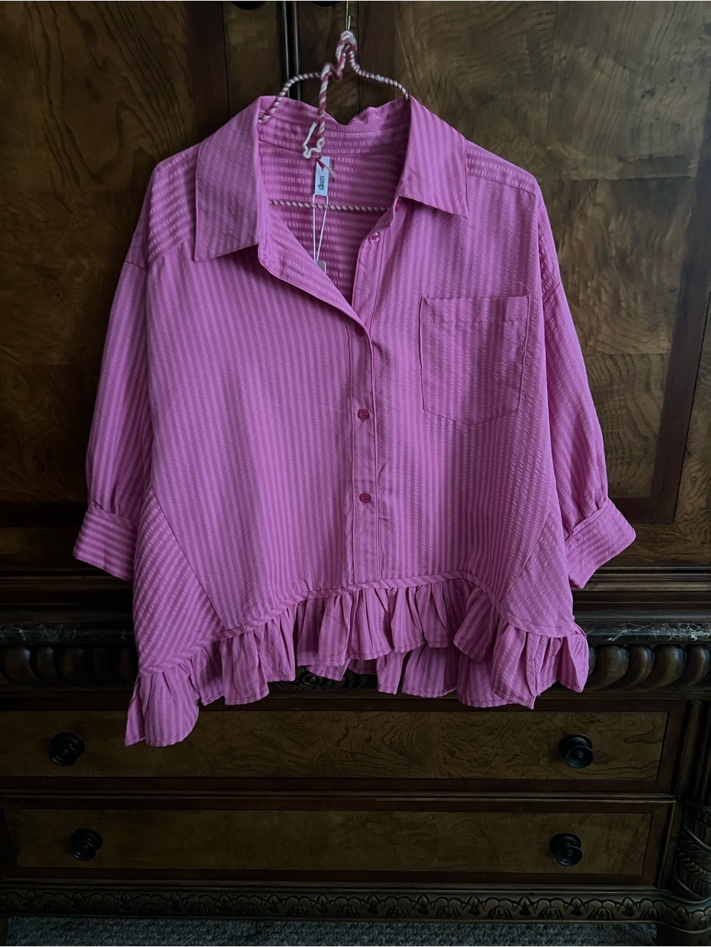 glam Pink Ruffle-Hem Button Down Shirt